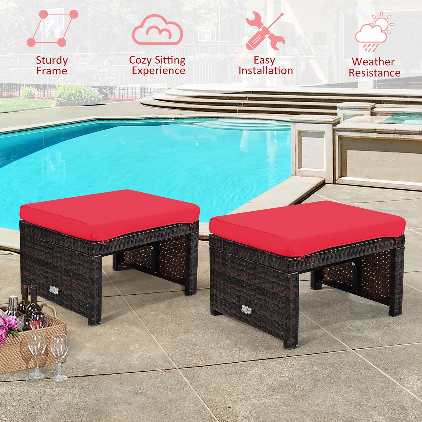 Costway 2PCS Patio Rattan Ottoman Cushioned Seat Foot Rest Furniture Turquoise\Red\White
