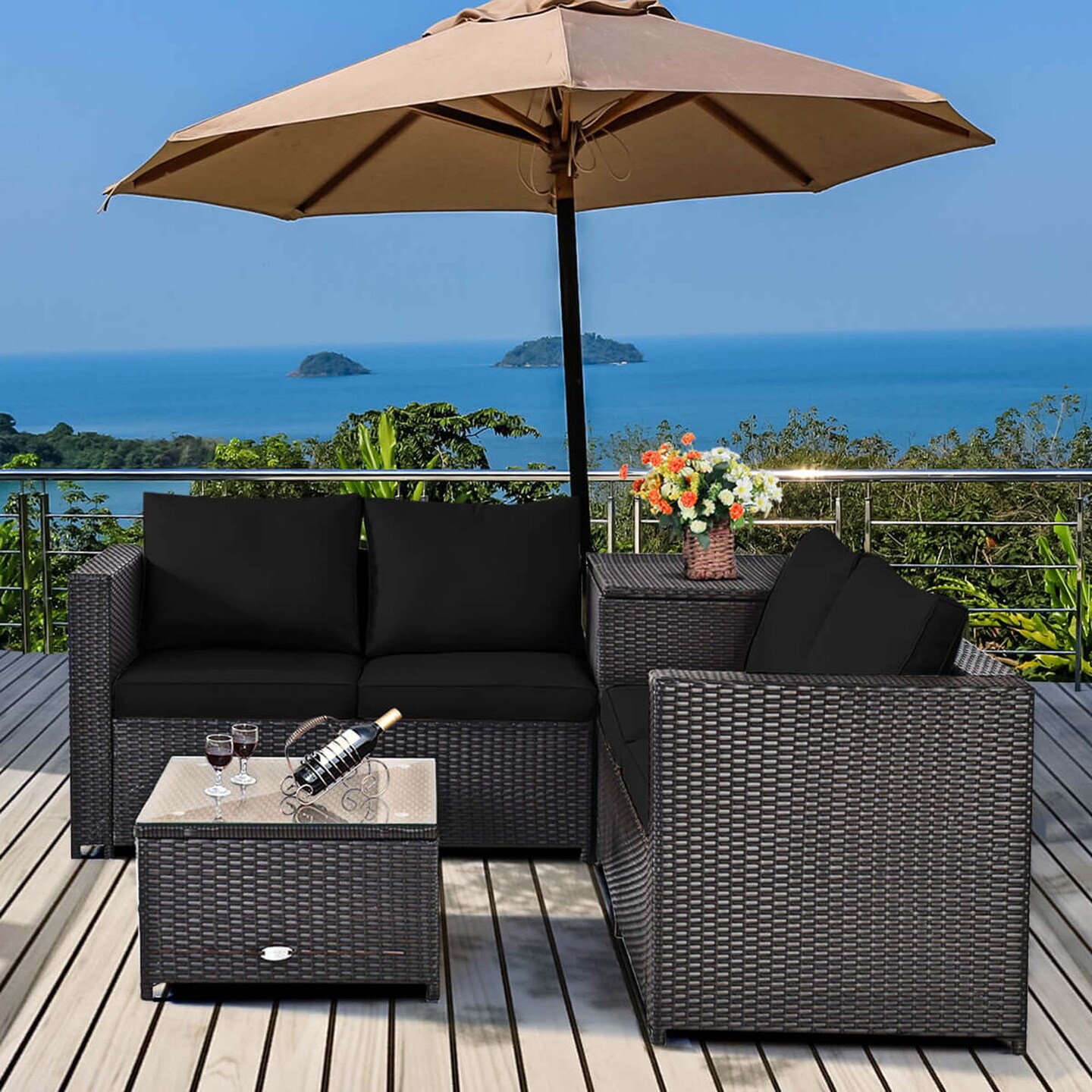 Costway 4PCS Outdoor Patio Rattan Furniture Set Cushioned Loveseat Storage Table Red/Turquoise/Black