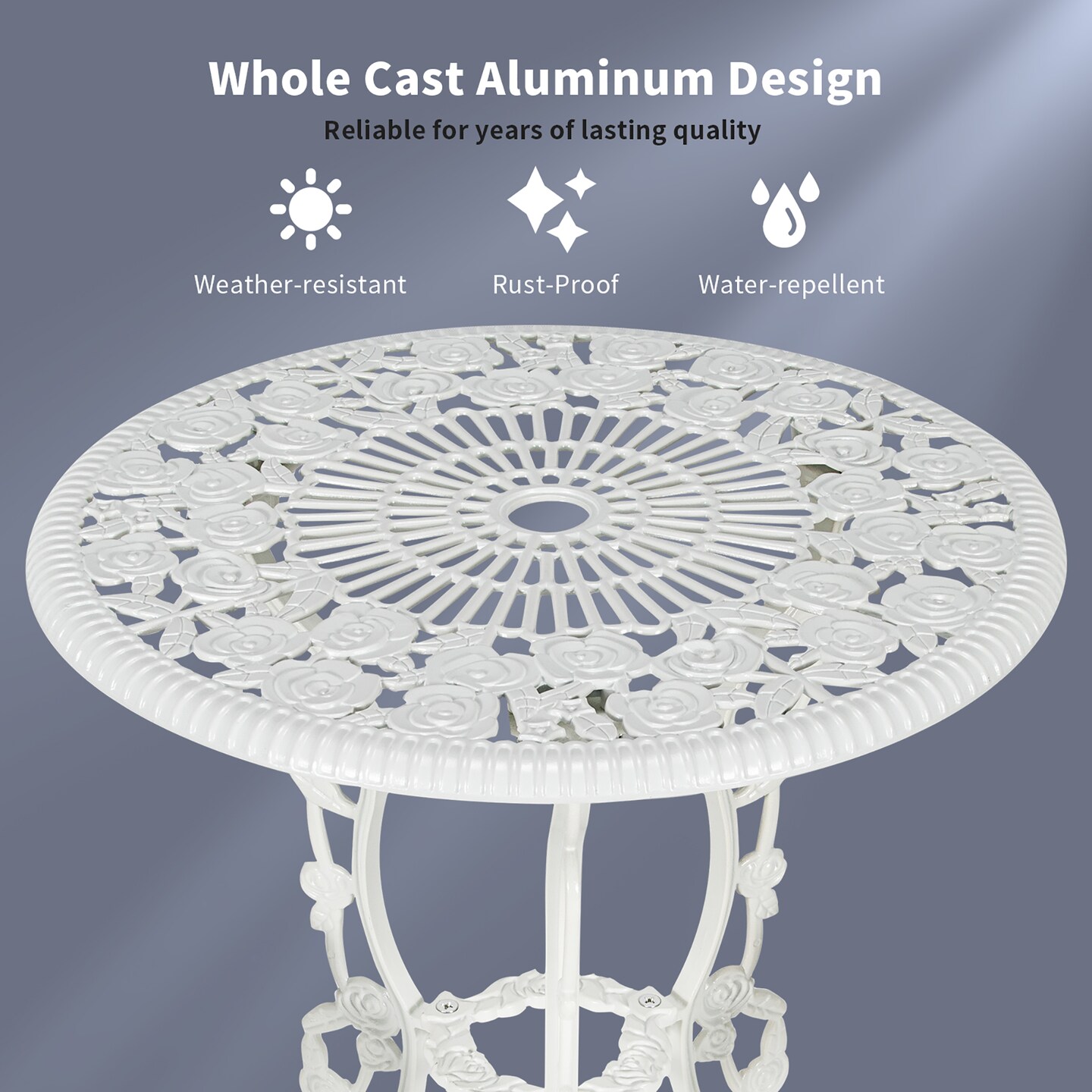 Costway 3PCS Cast Aluminum Patio Bistro Furniture Set Rose Design Outdoor White