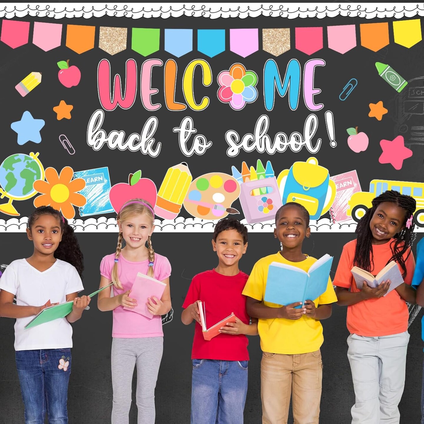 64Pcs Back to School Bulletin Board Set (Red, Yellow, Green, Blue, Pink)