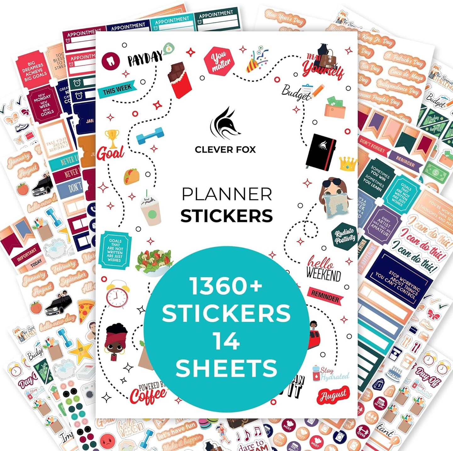 Planner Stickers - 4 Sheets Set of 1360+ (Value Pack) 7.5 x 5.3 x 0.15 inches