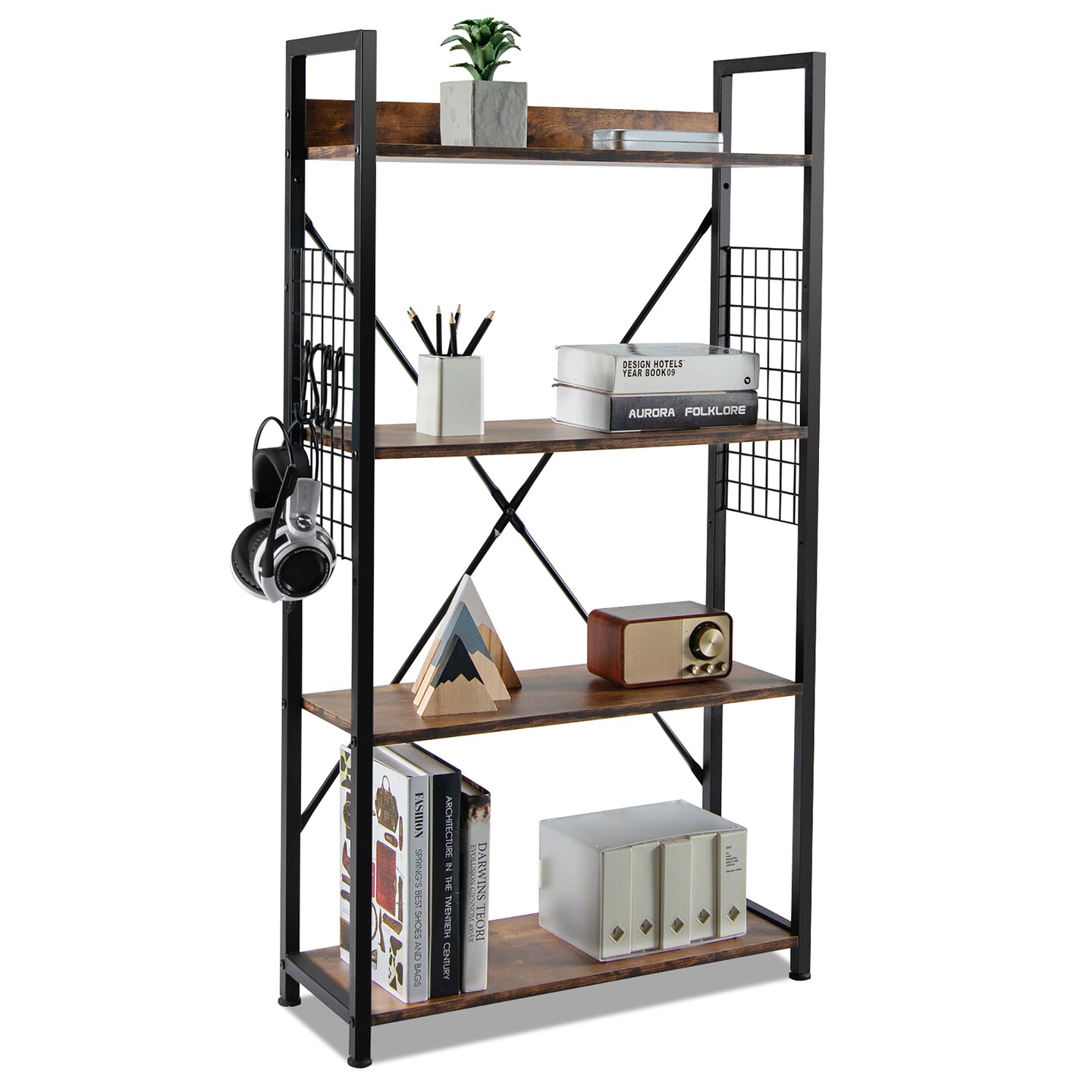 Costway 4 -Tier Industrial Bookshelf Open Storage Bookcase Display Shelf for Home Office