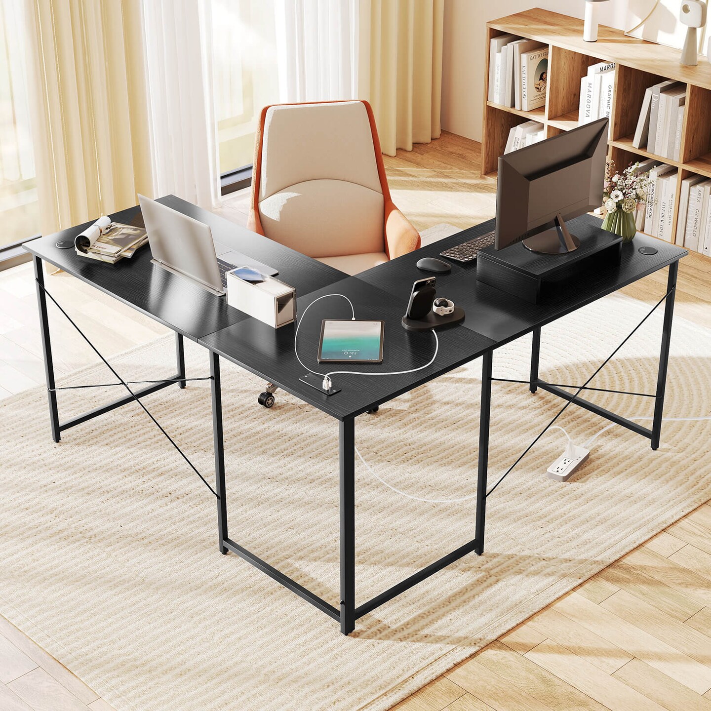 Costway L-Shaped Reversible Computer Desk 2-Person Long Table w/Monitor Stand