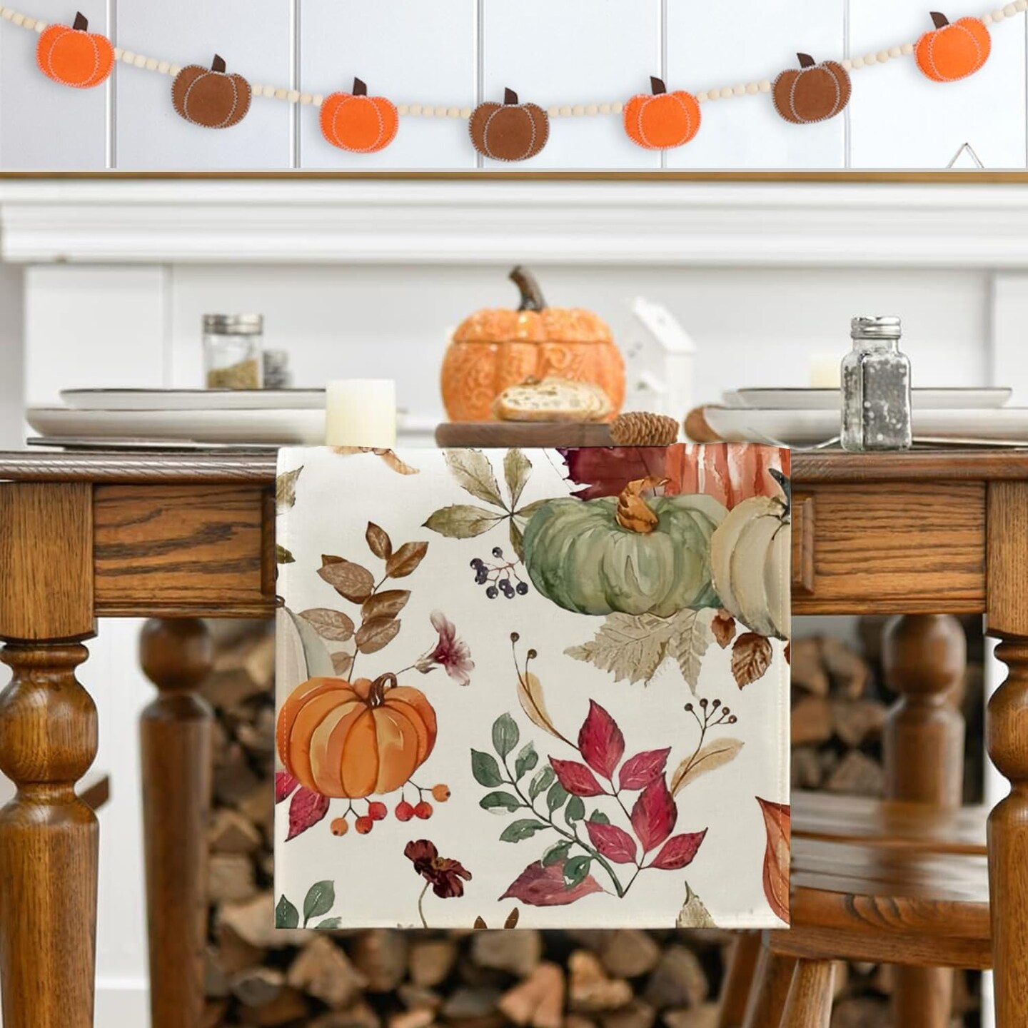Fall Table Runner,Orange Sage Pumpkin Table Runners 72 Inches Long, 13"x72"