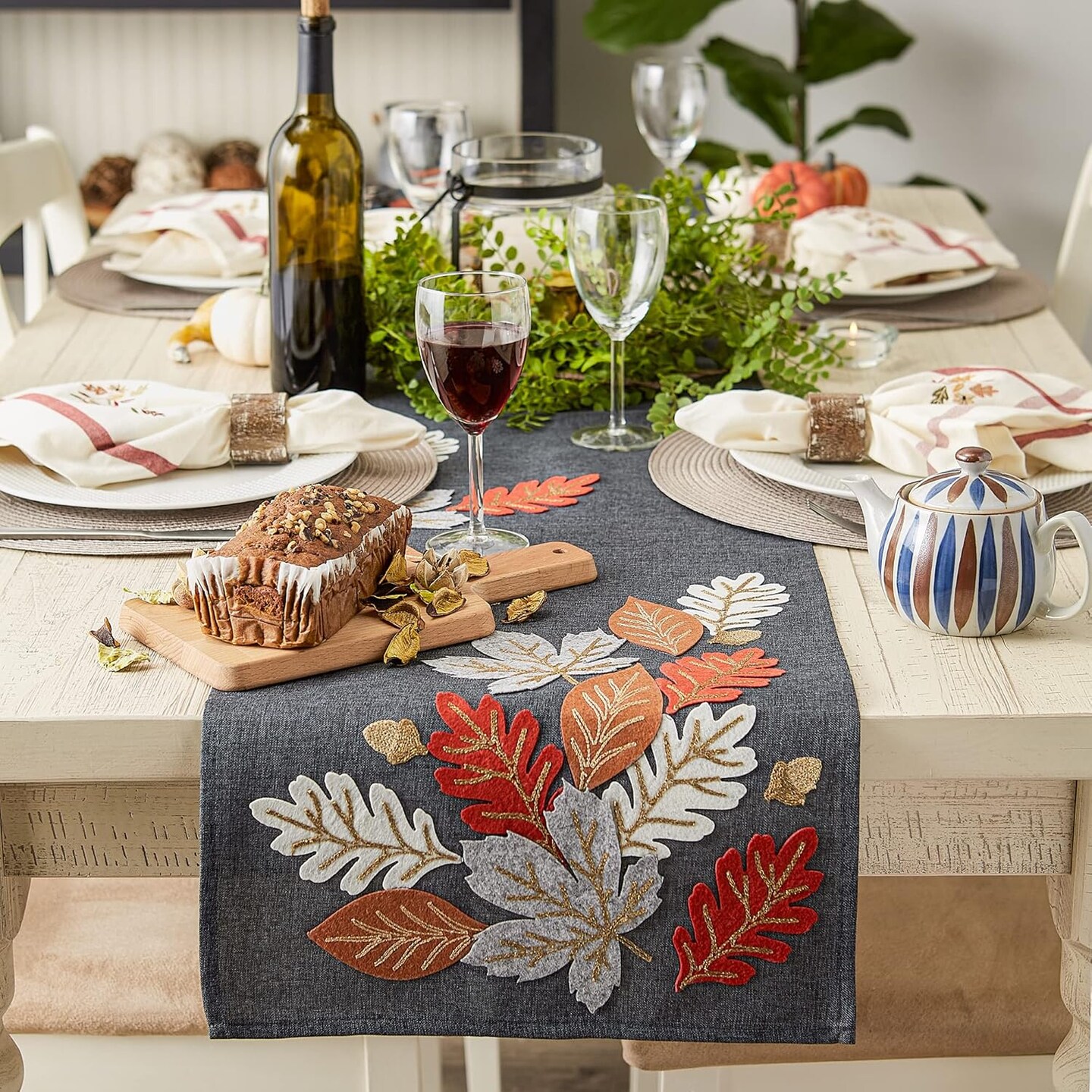 Table Runner Embroidered Autumn Leaves