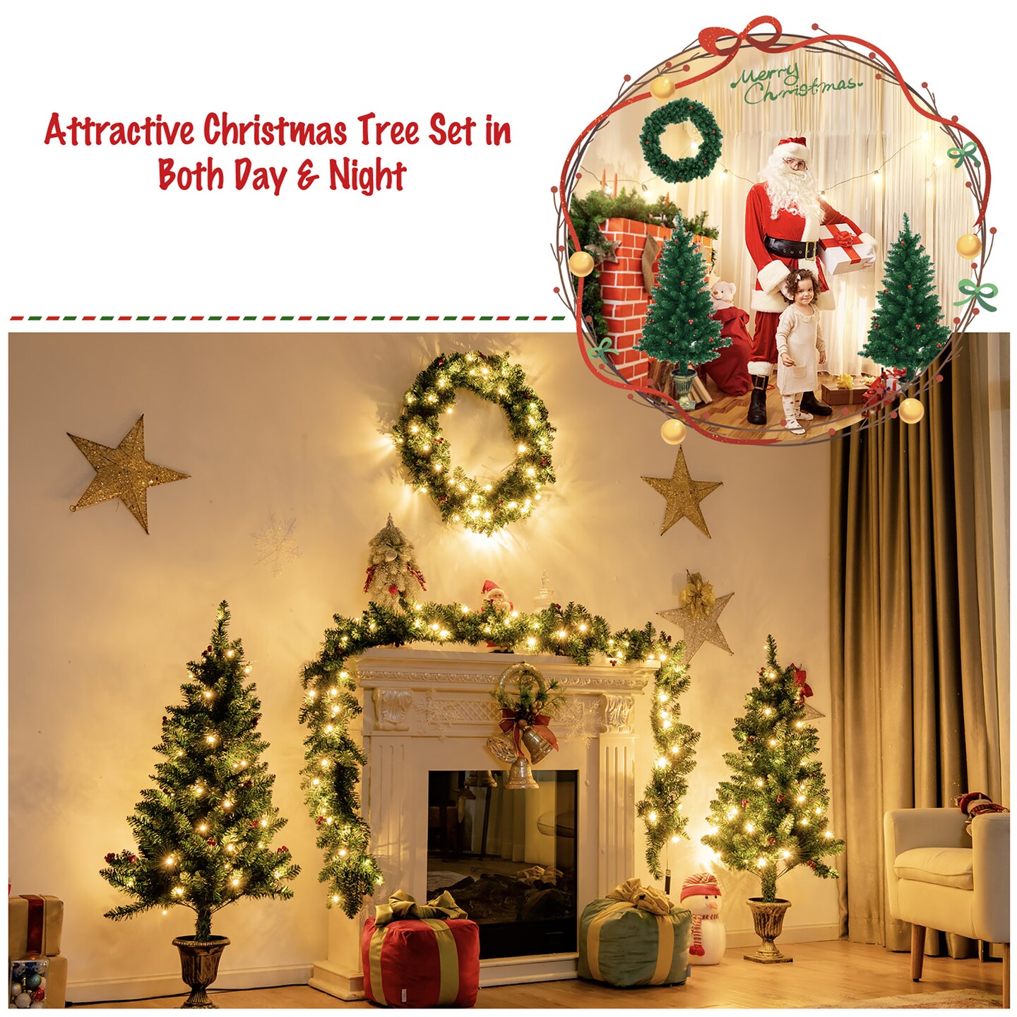 Costway 4pcs Pre-lit Christmas Decoration Set w/ Garland Wreath & Entrance Trees
