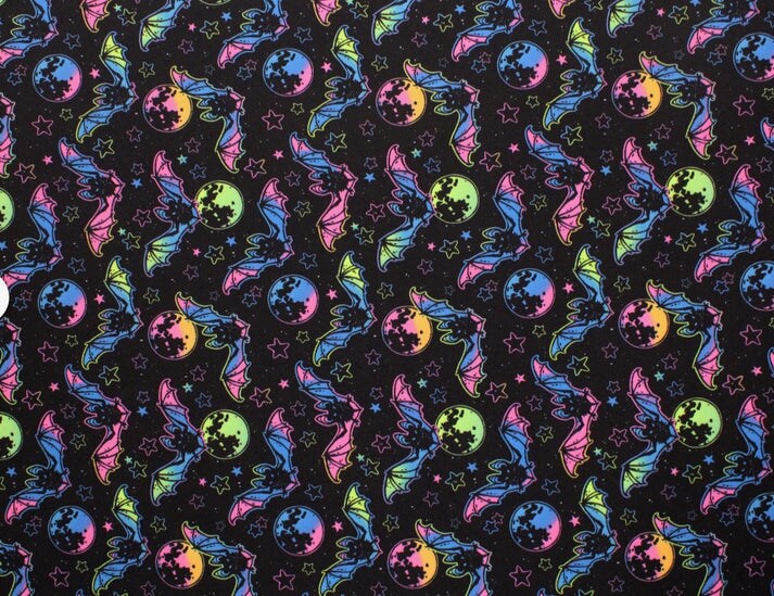 1 Yard Rainbow Bats Blacklight Reactive Spandex Fabric Four Way Stretch for Swimwear and Costumes 58&#x22;/60&#x22; Width