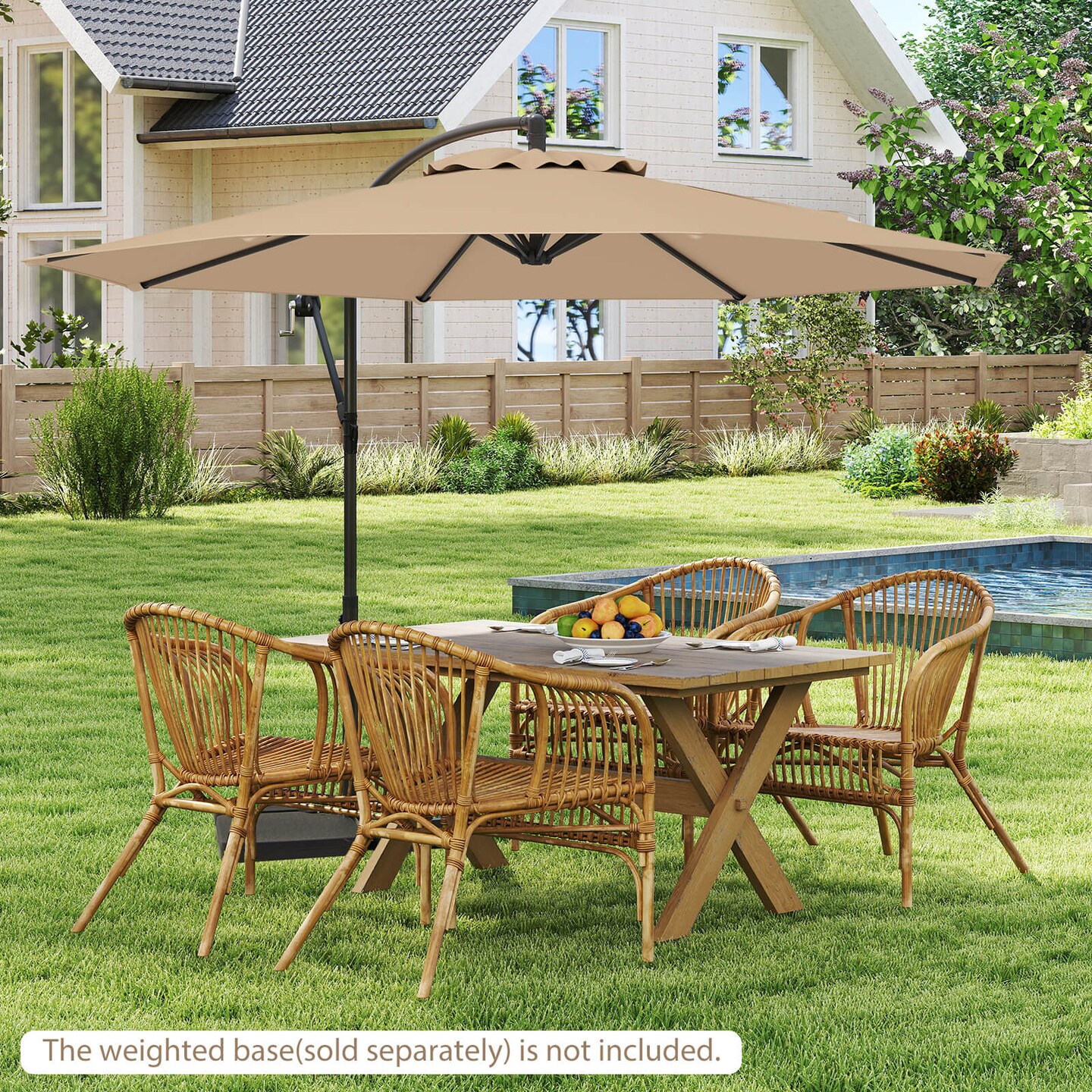 Costway 10' Hanging Umbrella Patio Sun Shade Offset Garden Market W/ T Cross Base Tan