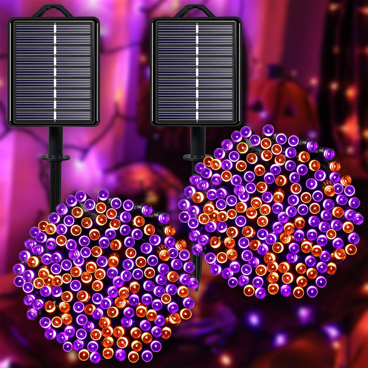 Halloween Decorations Outdoor Solar String Lights Orange &#x26; Purple, Outside 2Pack Total 144ft 400 LED 8 Modes with Timer, IP44 Waterproof Spooky Gothic Lights for Party, Patio, Tree, Garden Decor