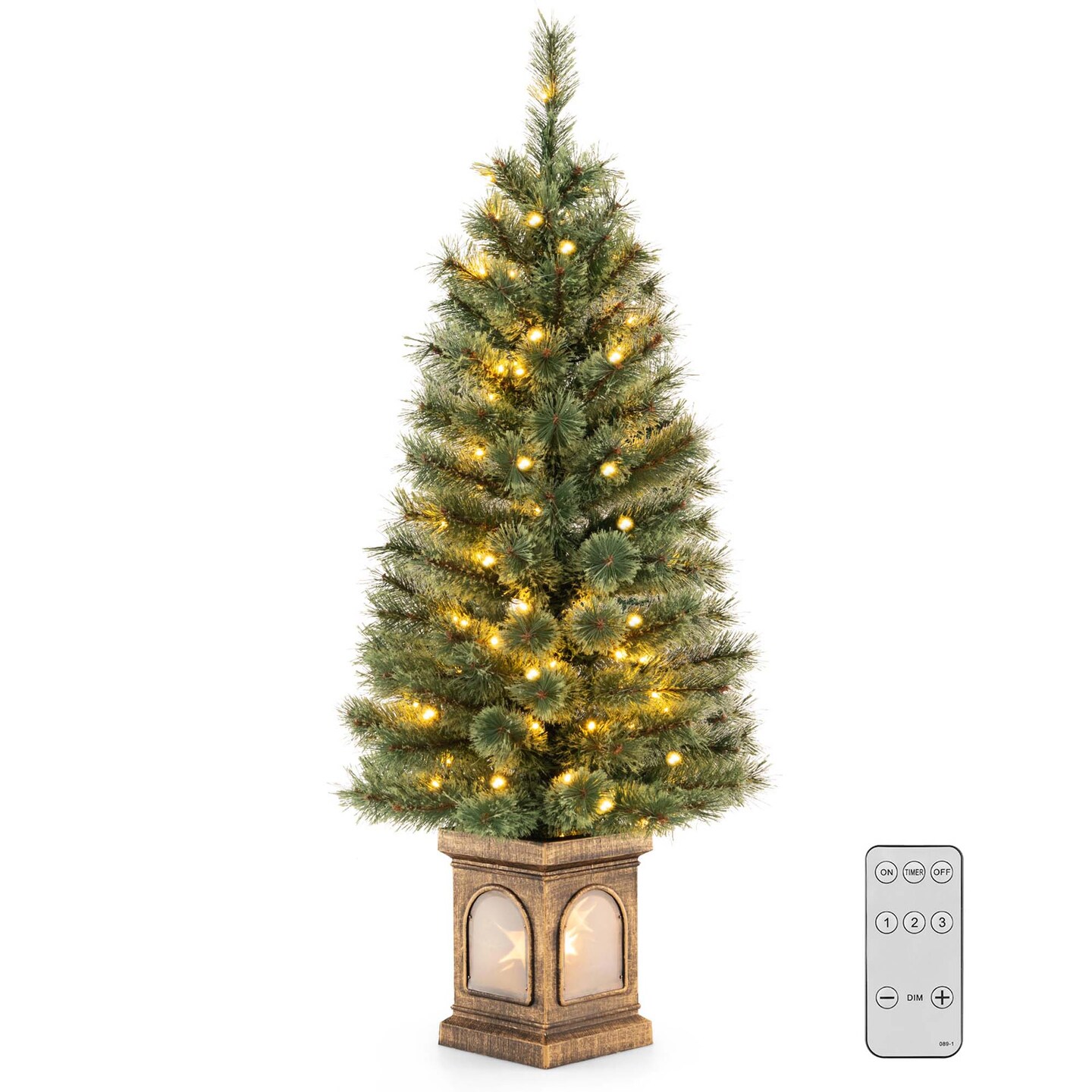Costway 4 FT Pre-Lit Potted Christmas Tree Pine Needles 3 Dynamic Modes Remote Control