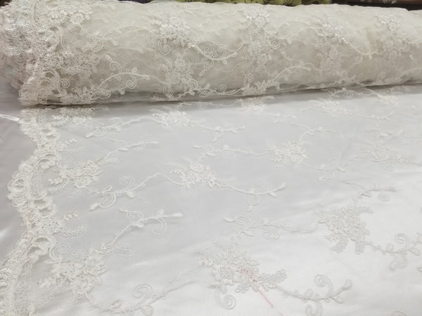 1 Yard Off White French Floral Mesh Lace Fabric for Wedding Dresses and Decorations 50/54 Inch Width