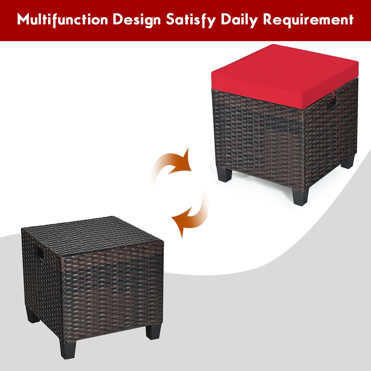 Costway 2PCS Patio Rattan Ottoman Cushioned Seat Foot Rest Coffee Table Red