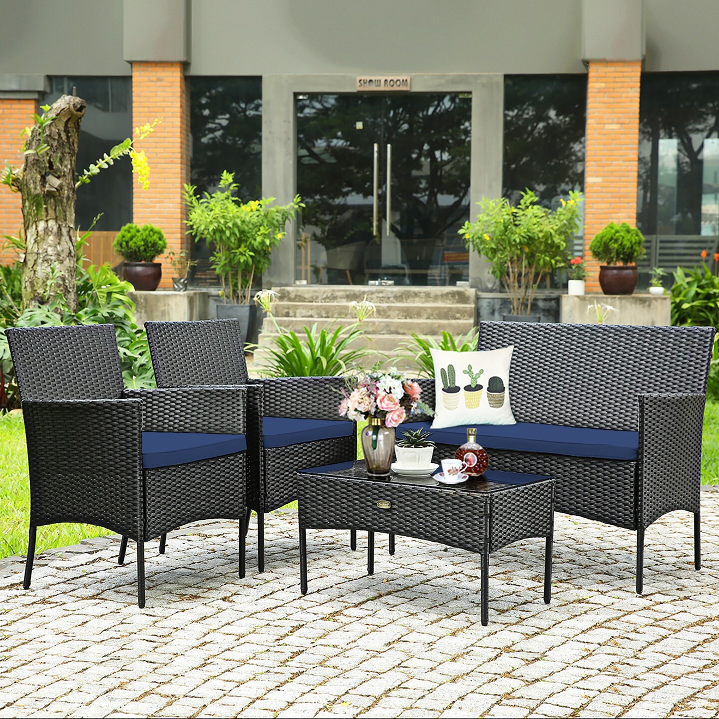 Costway 4PCS Patio Wicker Furniture Set Coffee Table Cushions w/ Cover