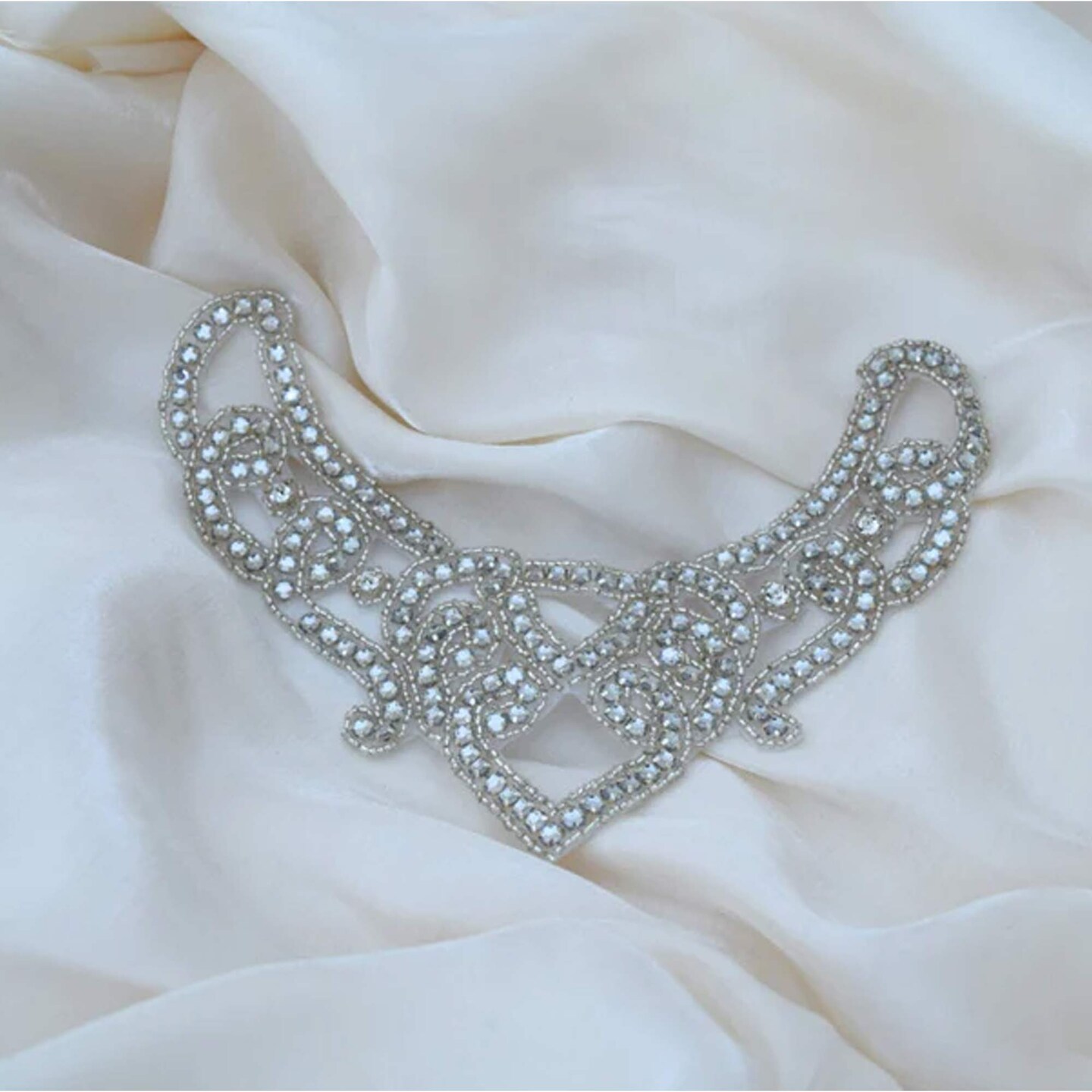 7 Inch Diagonally Silver Beaded Rhinestone Neckline Applique Iron On Patch for Dance Costume