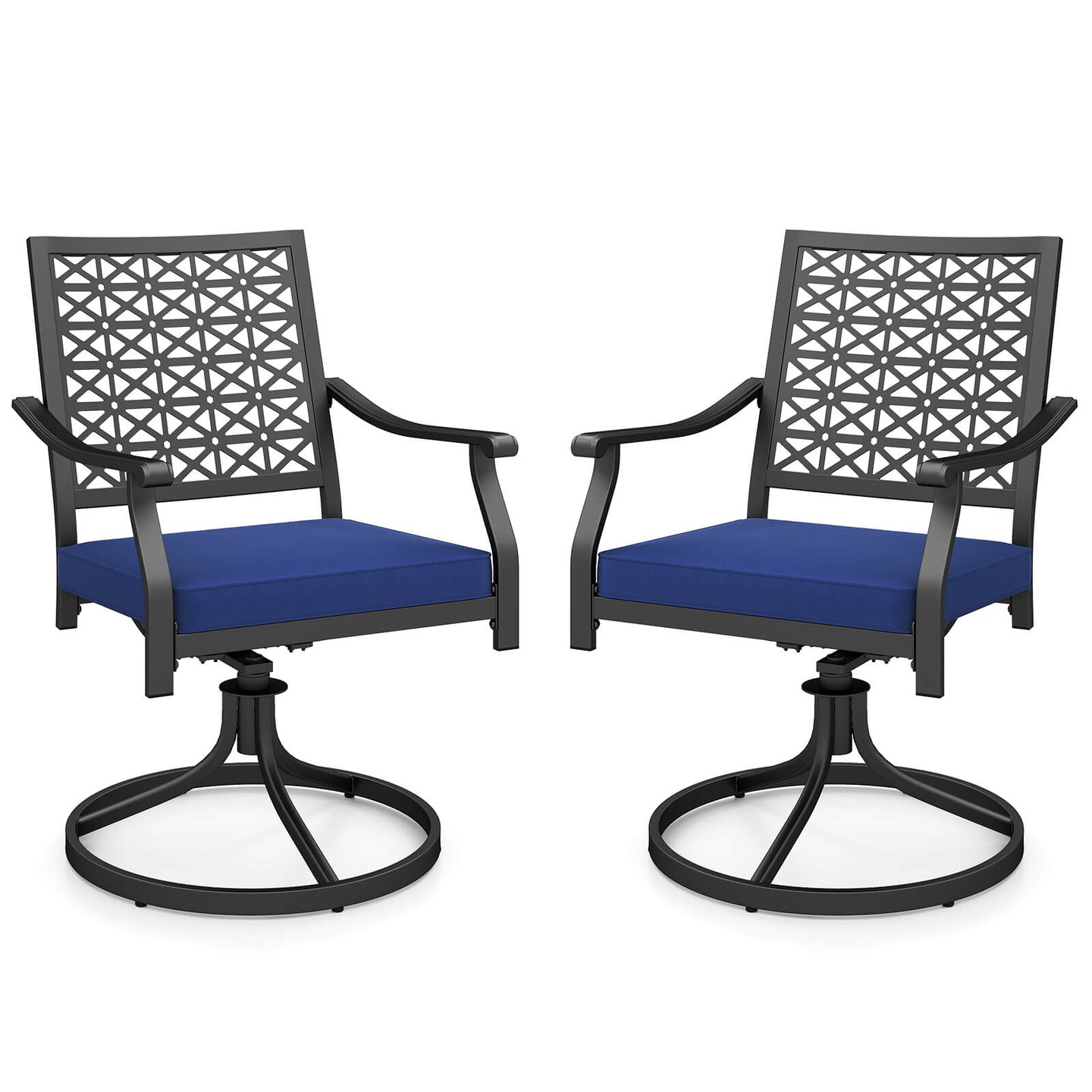 Costway 2 PCS Outdoor Swivel Chairs Patio Dining Chairs with Padded Cushions High Back Beige/Navy