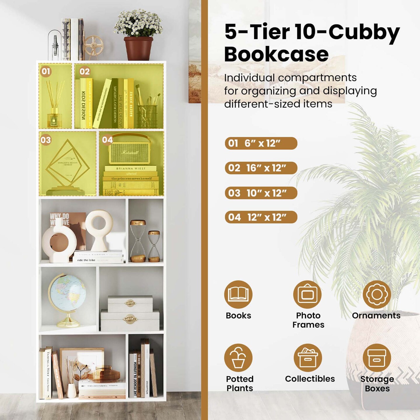 Costway 1/2 PCS 63&#x22; Tall Floor Standing Open Bookshelf with 10 Cubbies 5 Back Anti-falling Panels