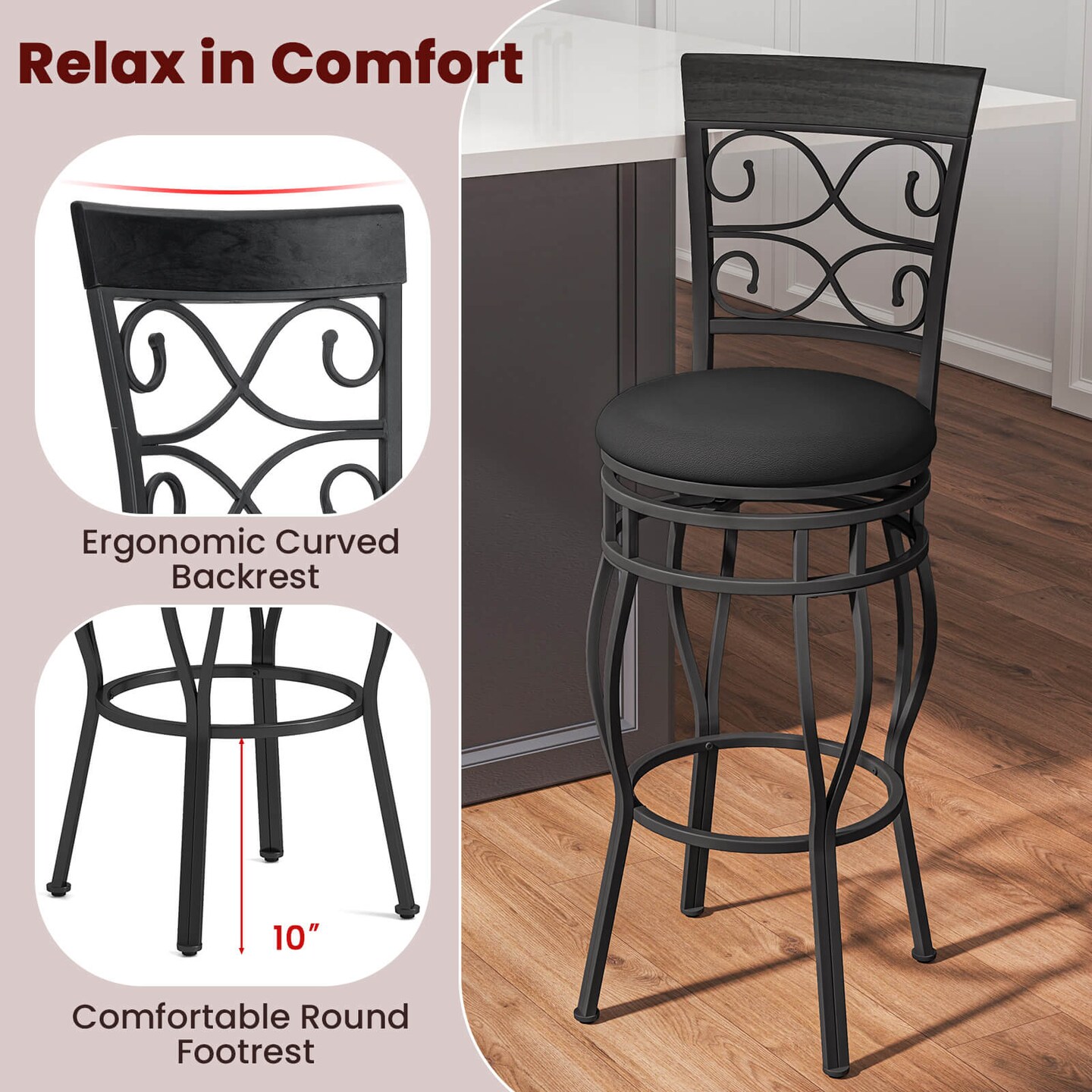 Costway Set of 2/4 Vintage Swivel Bar Stools 30'' Bistro Upholstered Dining Chairs Black