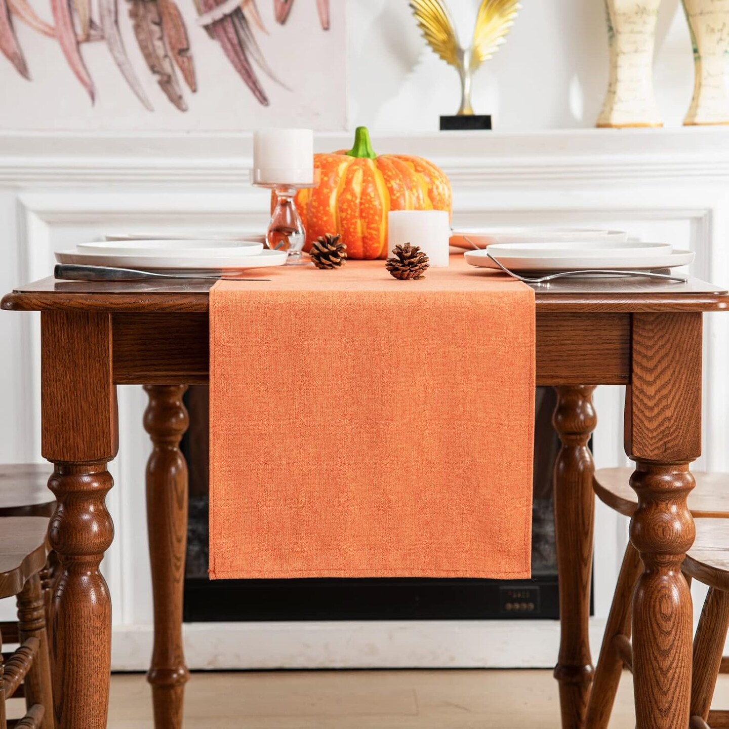 Table Runner 13 x 72 Inches Long, Cotton Linen Farmhouse style - (Fall-Orange, 13&#x201D; x 72&#x201D;)