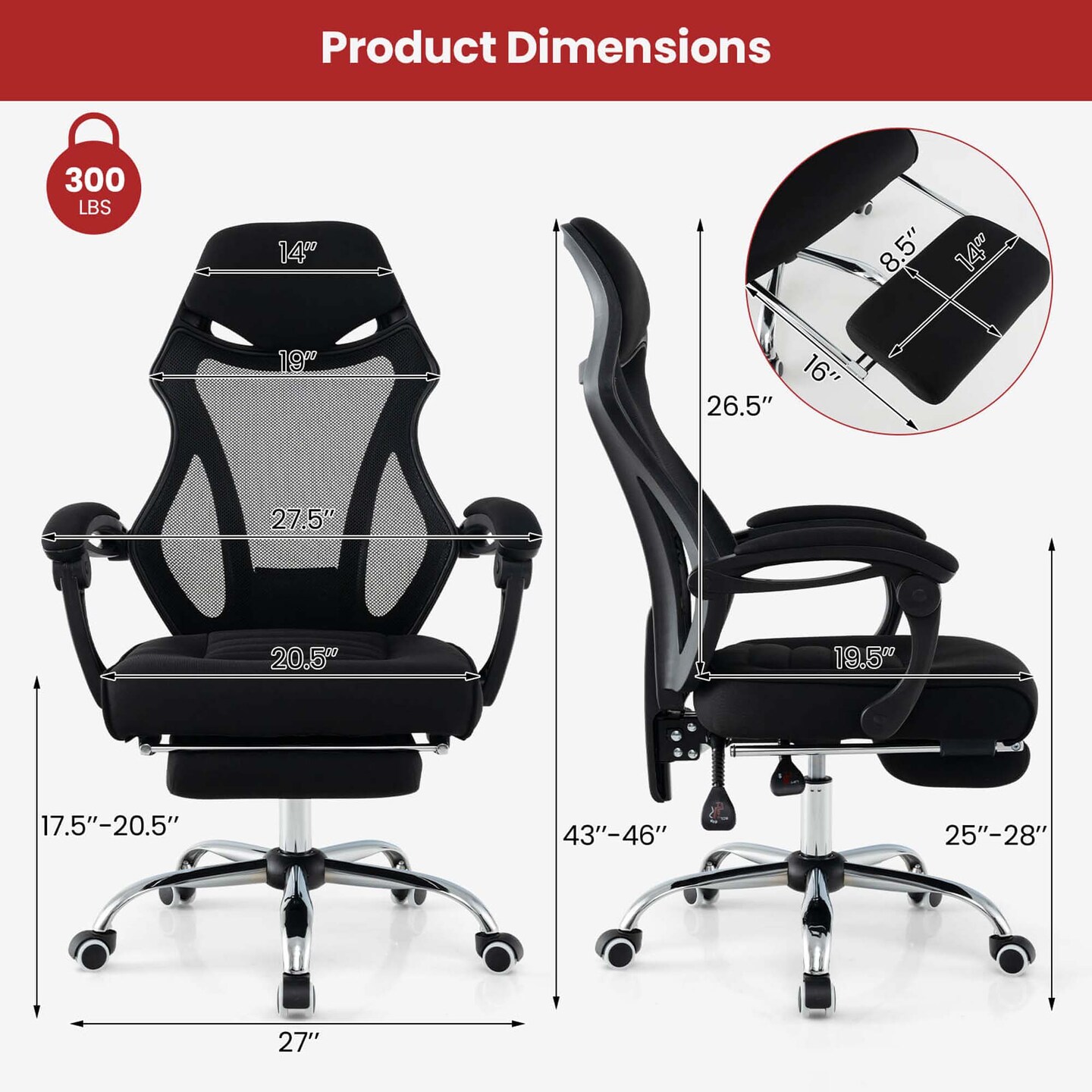 Costway Ergonomic Mesh Office Chair with Footrest Height-Adjustable & Tilting Backrest