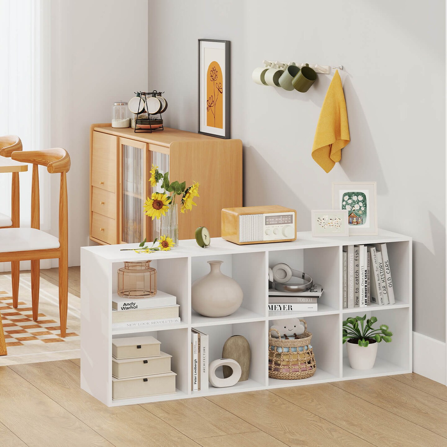 Costway 8-Cube Bookcase Bookshelf with 2 Anti-Tipping Kits Storage Organizer Rustic Brown/White