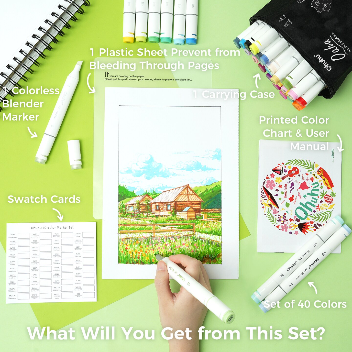 Ohuhu Oahu 40 Colors Alcohol Markers - Chisel &#x26; Fine Dual Tips - Double Tipped Art Marker Set for Artists Adults Coloring Illustration