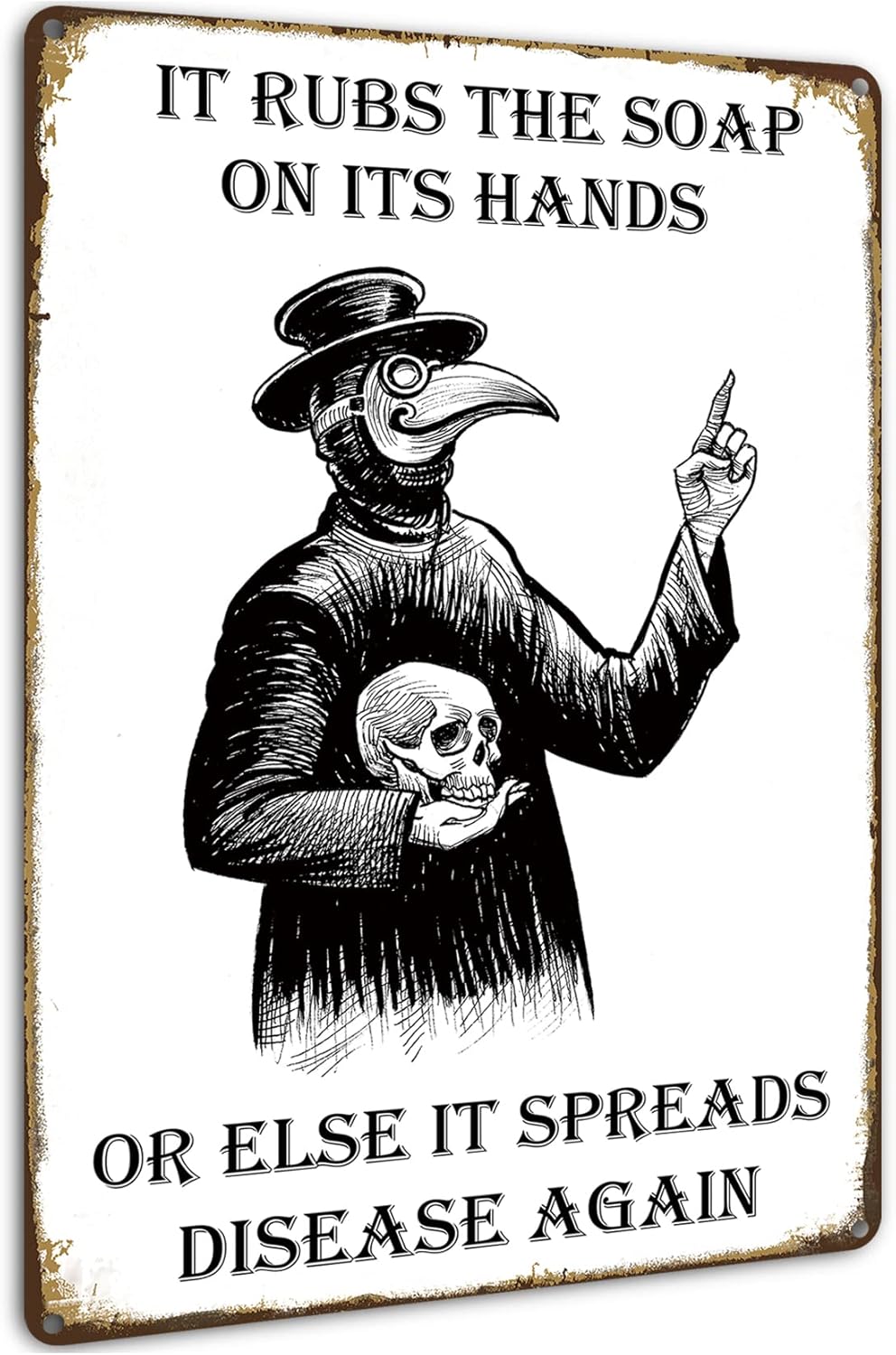 Wash Your Hands Plague Doctor Tin Sign – 8x12 Inch Gothic Wall Decor, Bathroom & Bedroom Art, Gothic Home Decor, Retro Metal Wall Plaque for Guest Room, Man Cave, Office