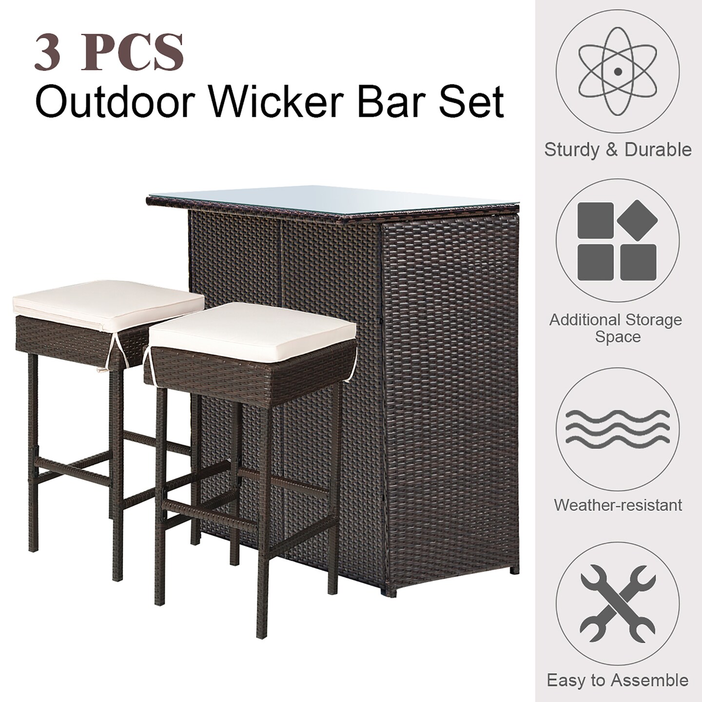 Costway 3PCS Patio Rattan Wicker Bar Table Stools Dining Set Cushioned Chairs Garden