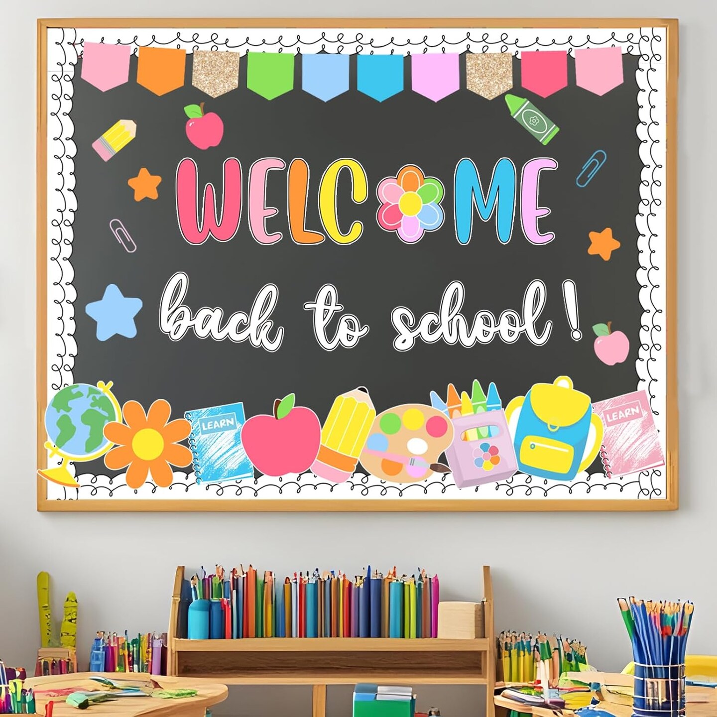 64Pcs Back to School Bulletin Board Set (Red, Yellow, Green, Blue, Pink)
