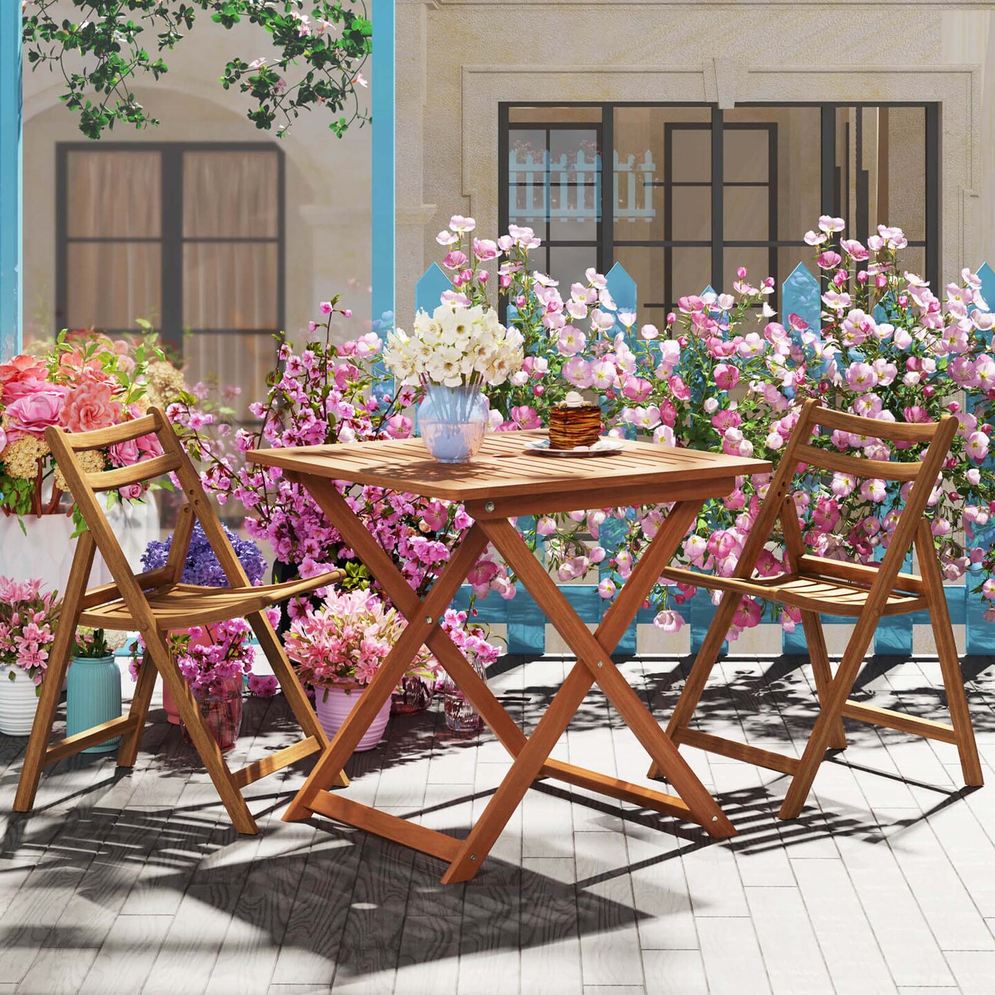 Costway 1/2 PCS 29.5" x 29.5" Patio Dining Table with Teak Painting 2" Umbrella Hole for Balcony