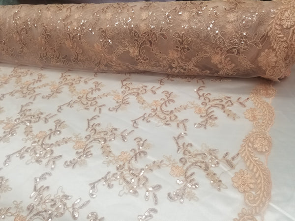 1 Yard Coral Metallic Flowers Sequins Mesh Lace Fabric for Tablecloths and Costumes