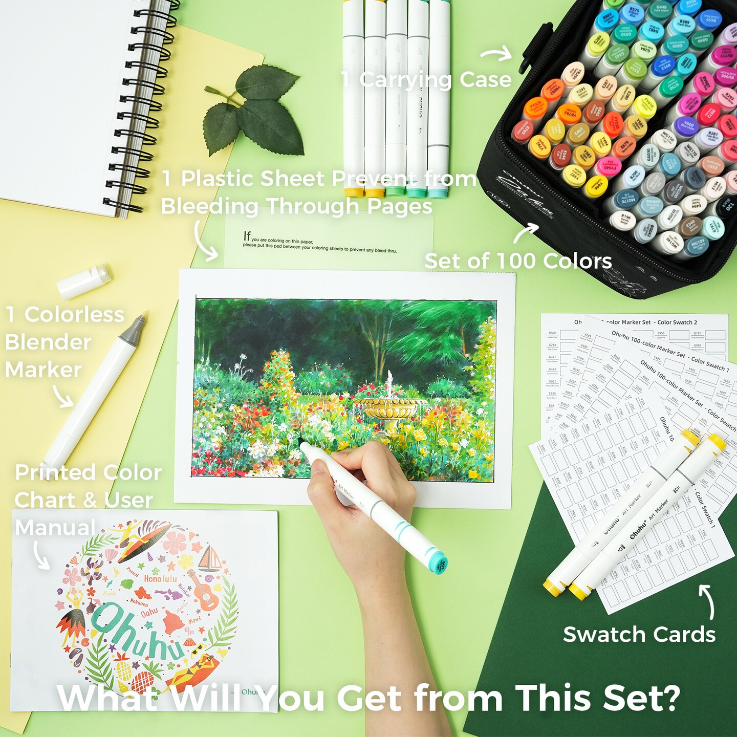 Ohuhu Oahu 100 Colors Alcohol-Based Markers - Dual Tip Chisel &#x26; Fine