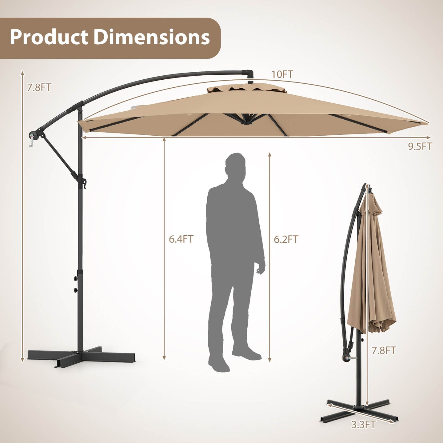 Costway 10' Hanging Umbrella Patio Sun Shade Offset Garden Market W/ T Cross Base Tan