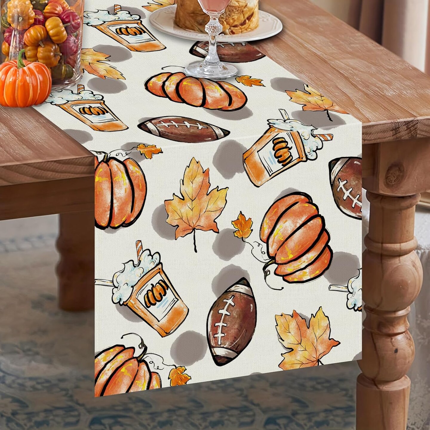 Fall Table Runner Pumpkins Football Thanksgiving Table Runners 13x72 Inch