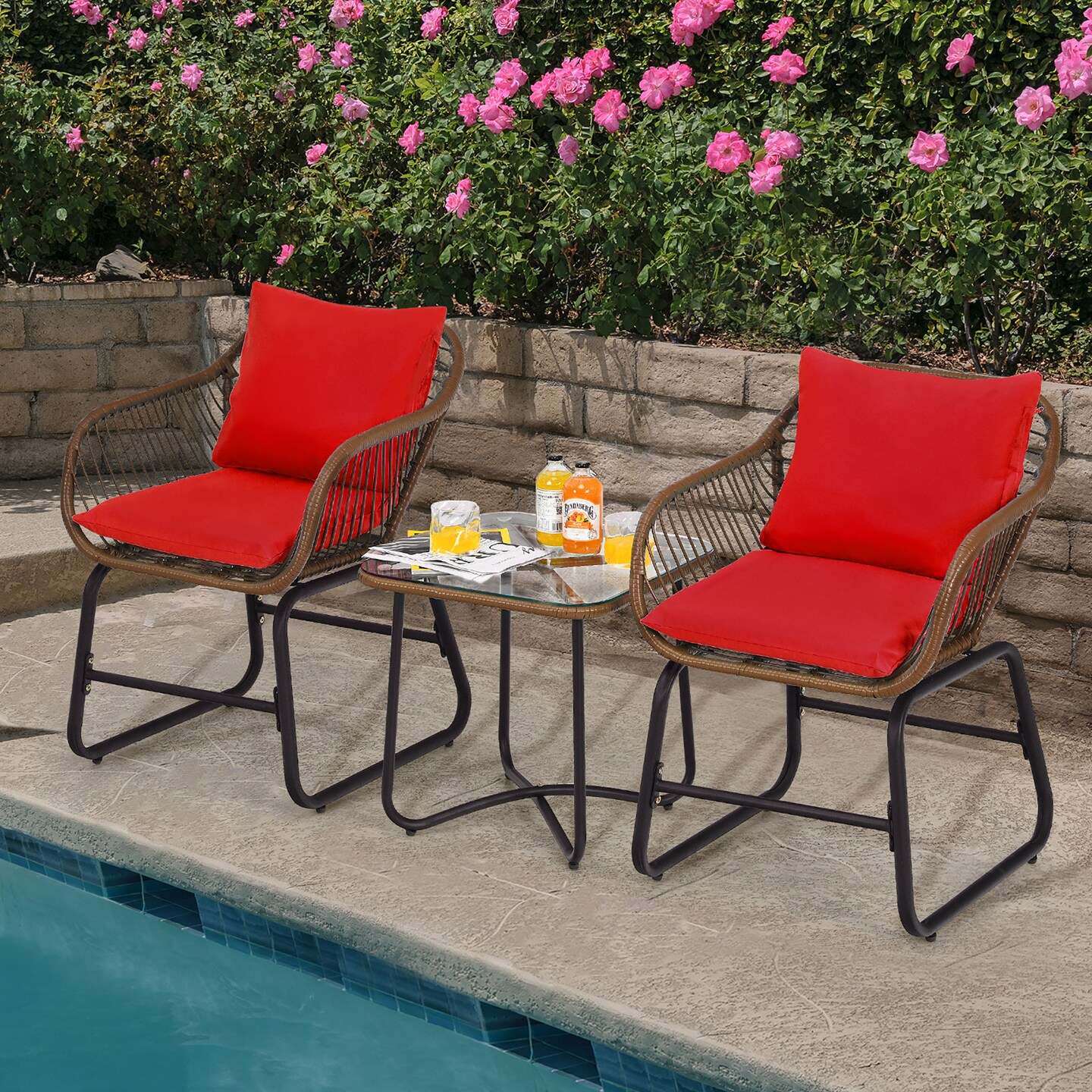 Costway 3PCS Patio Rattan Bistro Set Cushioned Chair Glass Table Deck White\Turquoise