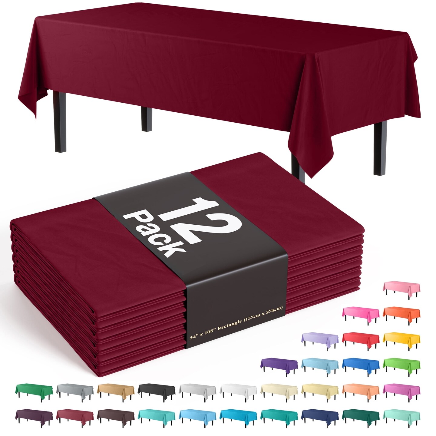 Exquisite 12-Pack Premium Plastic Tablecloth 54in. x 108in. Rectangle Plastic Table Cover