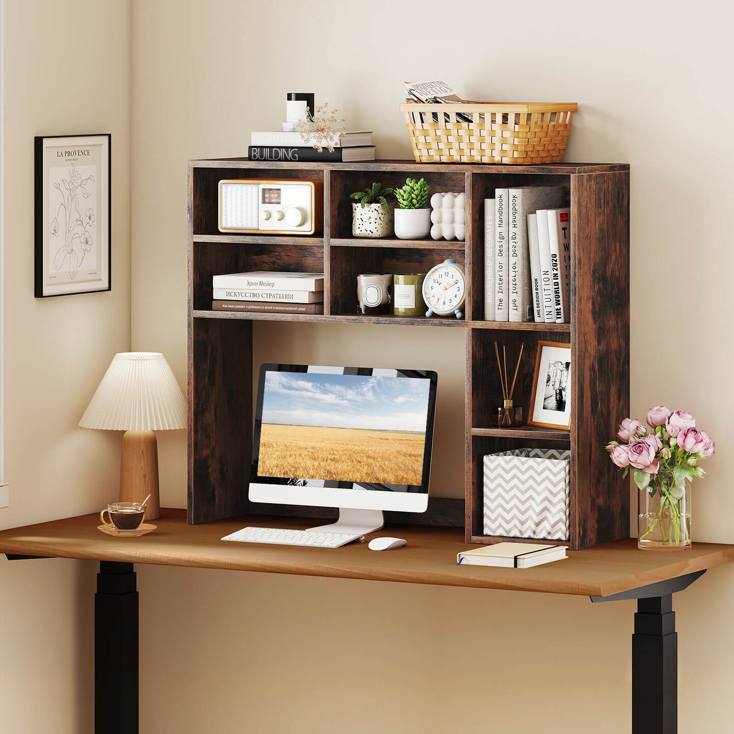 Costway Desktop Bookshelf Desk Storage Hutch with 7 Open Cubbies & 3 Adjustable Shelves Natural/Beige/Gray/Brown/White