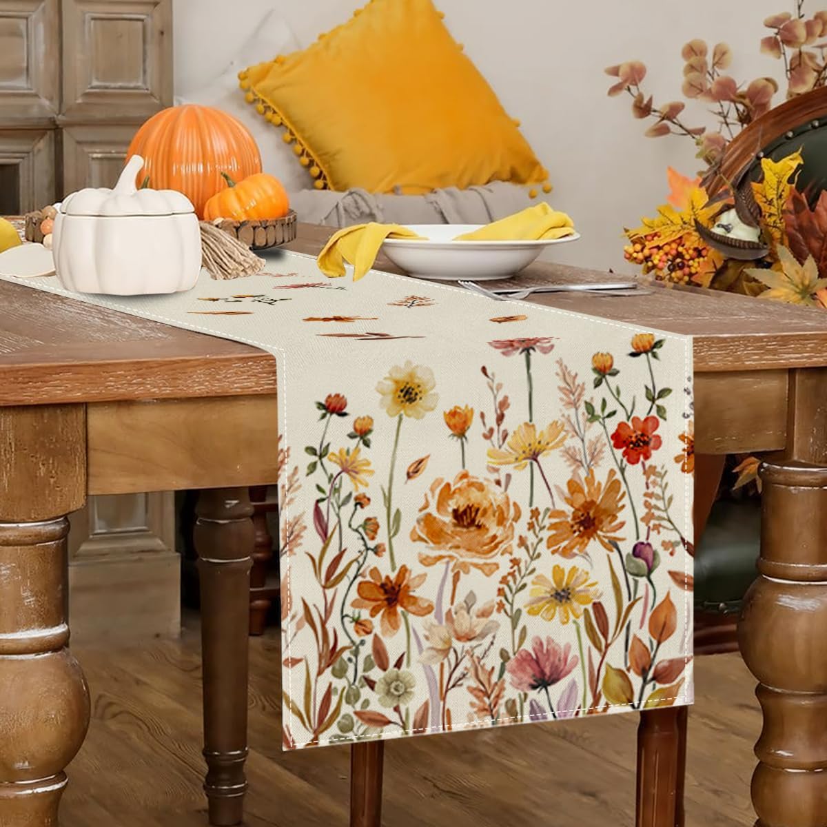 Fall Floral Table Runner 13x72 Inch, Autumn Fallen Leaves Decor- (Multicolor, 13&#x22; x 72&#x22;)