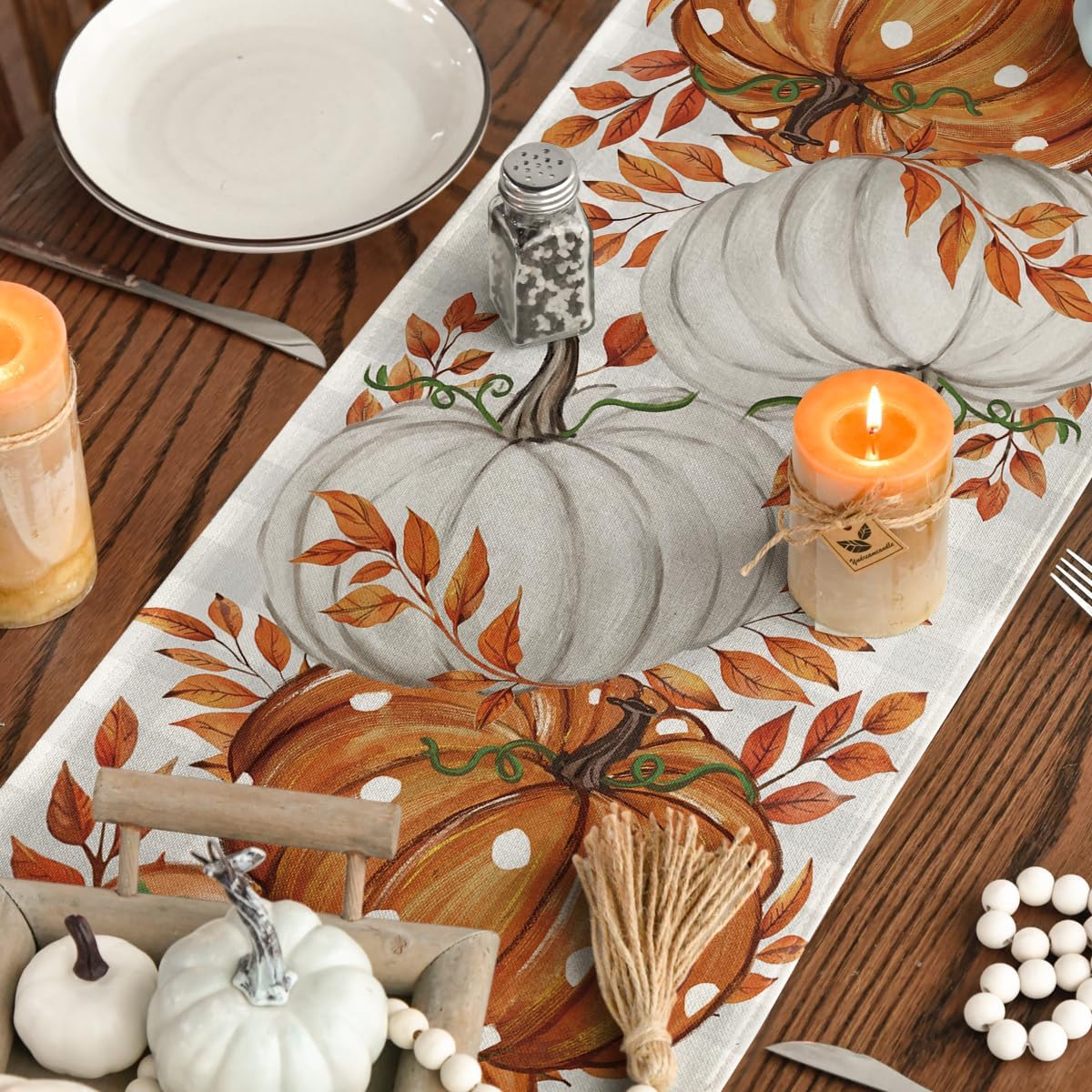 13x72 Inch Buffalo Plaid & Eucalyptus Fall Table Runner, Orange Pumpkin Autumn Harvest Decor for Kitchen & Dining, Durable Spun Polyester Farmhouse Tablecloth for Thanksgiving & Seasonal Parties