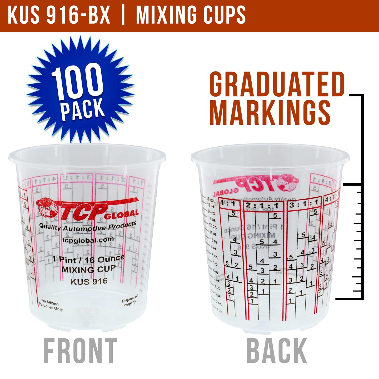 Paint Mixing Cups Plastic Measuring Cup Epoxy Resin, Disposable or Reusable, 16-Ounce (Pint) - Box of 100 - Graduated, Mixing Ratios, Automotive Painting Acrylic Art Crafts