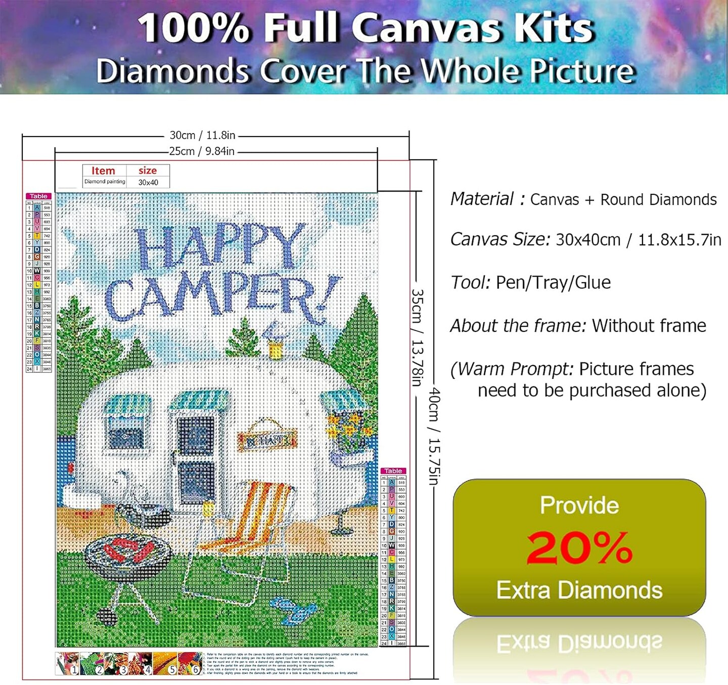 Diamond Painting Kits for Adults, DIY 5D Diamond Painting Paint Happy Camping Car by Number with Gem Art Drill Diamond Painting Kits for Kids for Relaxation, Home Wall Décor 11.8x15.7in