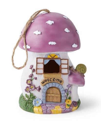 Whimsical Mushroom Fairy House Birdhouse &#x2013; Hanging Resin Garden D&#xE9;cor with &#x201C;Welcome&#x201D; Sign