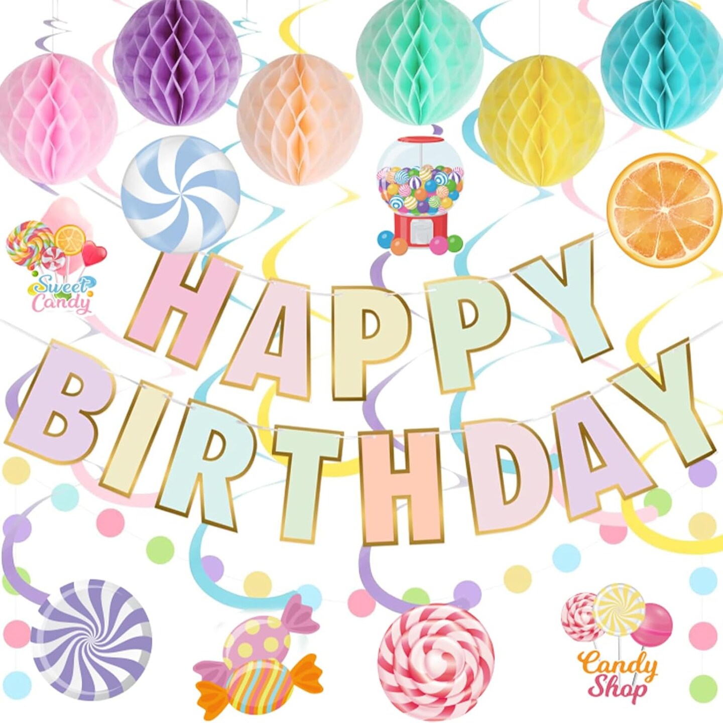 Macaron Happy Birthday Banner Candyland Hanging Swirls Colorful Flag Bunting Circle Confetti Honeycomb Ball
