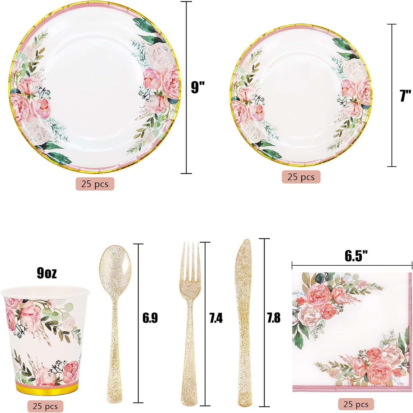 Tableware Set Party Supplies - Bridal Shower Paper Plates &#x26; Napkins Set for 24 Guests - Disposable Dinnerware: Plates, Cups, Cutlery for Baby Shower, Tea Party