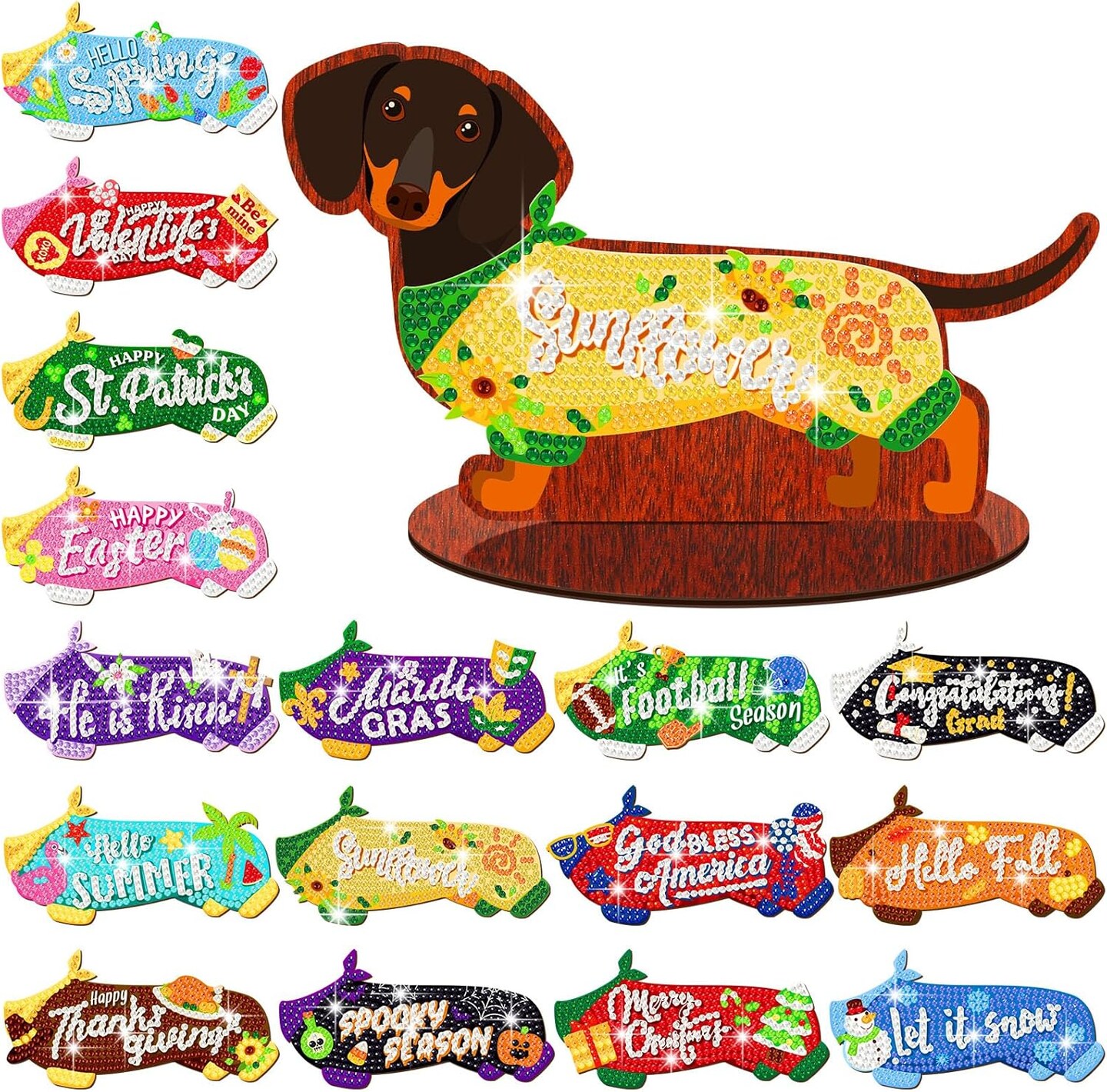 16 Pcs Magnetic Dachshund Diamond Art Magnets Interchangeable Seasonal Dog Diamond Painting Magnets Kits Holiday Spring Summer Wooden Table Decorations for Tabletop DIY Tiered Tray Decor