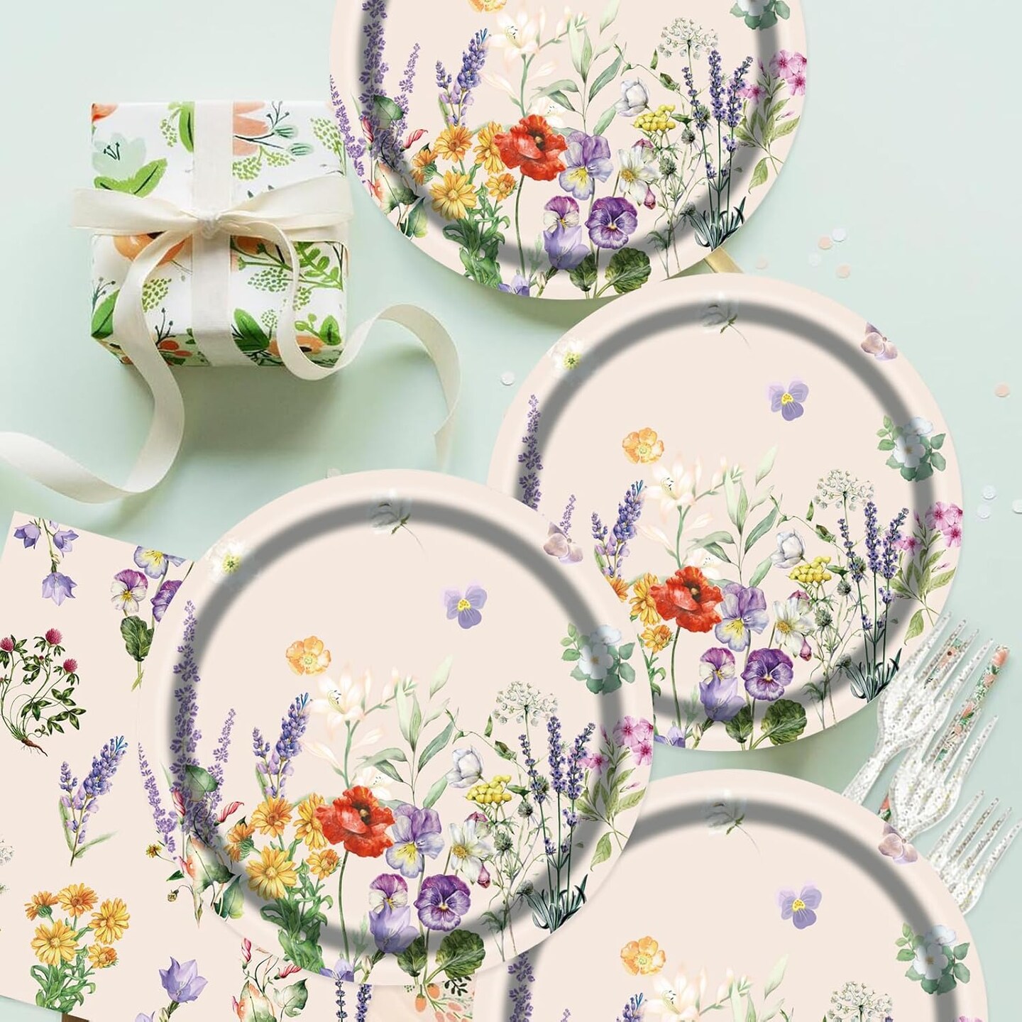 75pcs Floral Disposable Tableware Set, Spring Floral Paper Party Supplies Plates Napkins Wildflower Dinnerware Favors for Baby Shower Girls Women Birthday Tea Picnic Serve 25 Guests