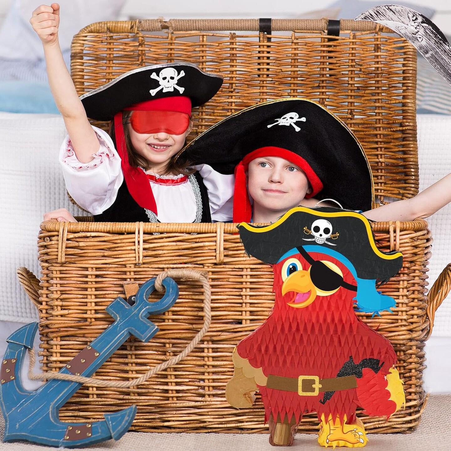 Pirate Pi&#xF1;ata - Pirate Parrot Pi&#xF1;ata with Blindfold and Bat for Boys&#x27; Birthday Party Adventure Theme Decorations