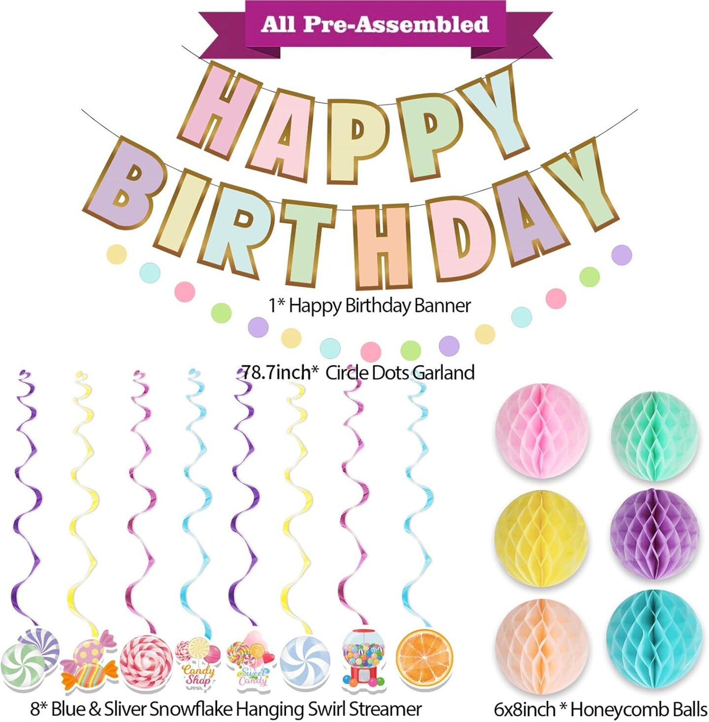 Macaron Happy Birthday Banner Candyland Hanging Swirls Colorful Flag Bunting Circle Confetti Honeycomb Ball
