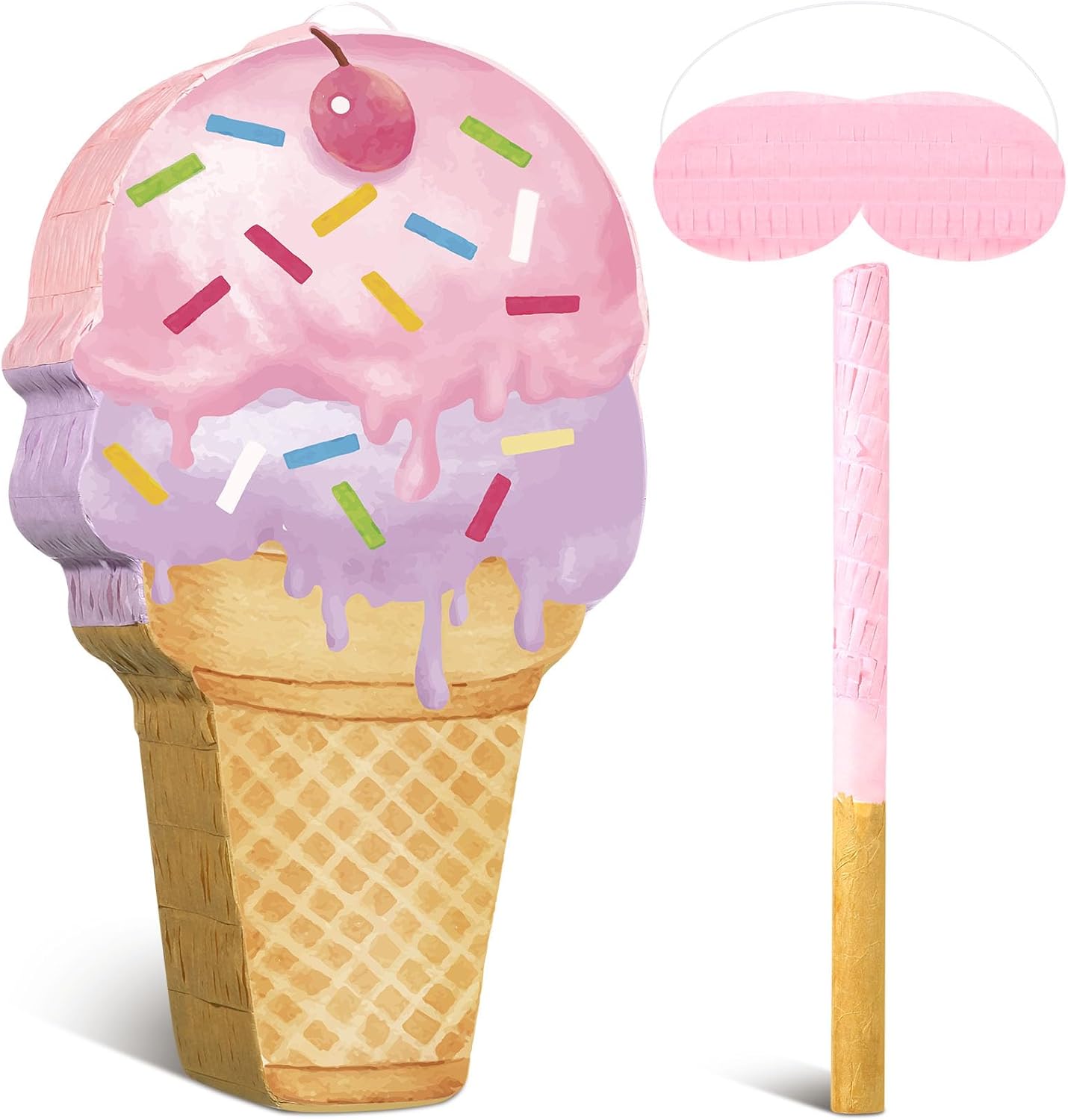 Pink Ice Cream Pi&#xF1;ata Cute Dessert Cone Shaped Pi&#xF1;ata with Stick Blindfold for Ice Cream Candy Birthday Party Summer Baby Shower Wedding Party Supplies Decor,