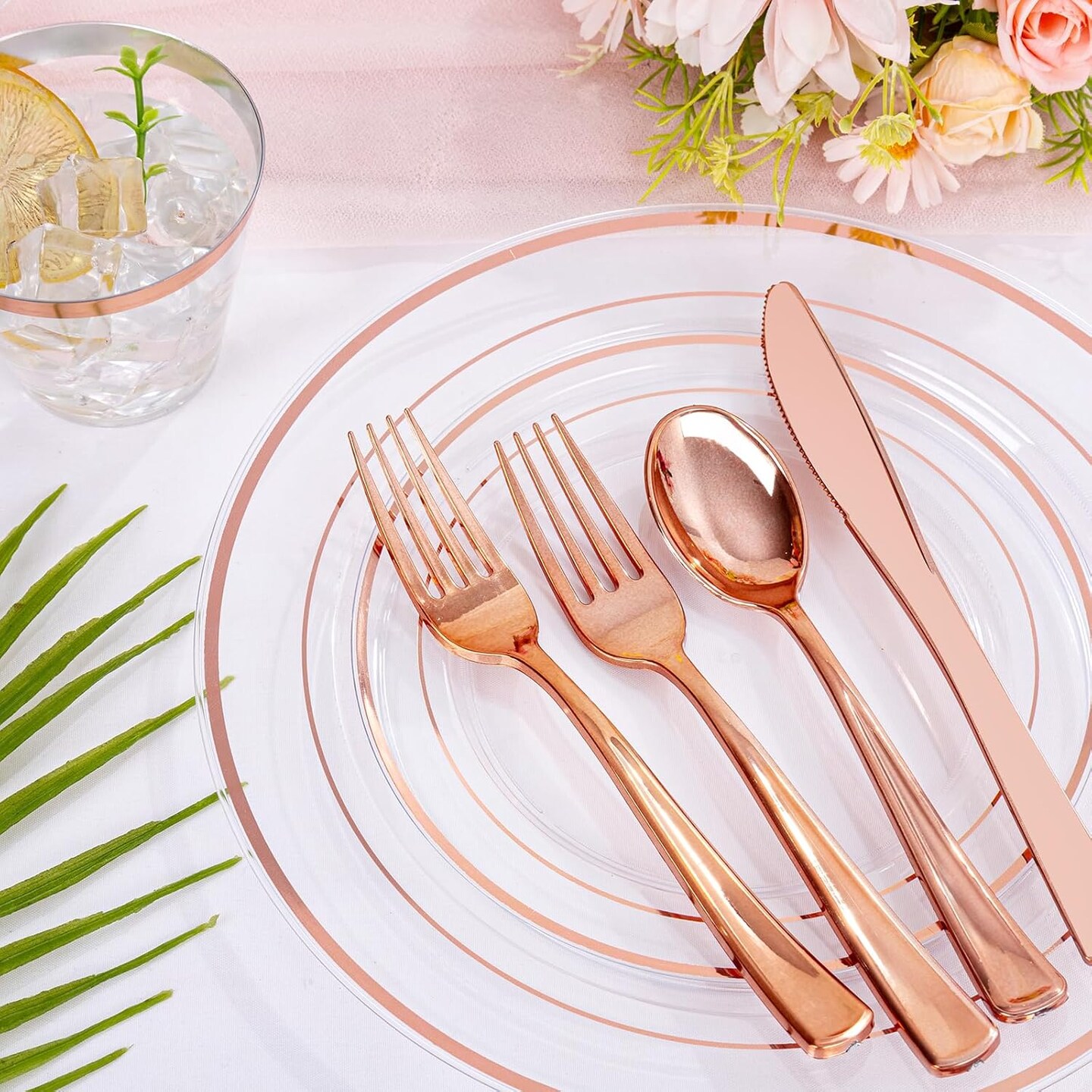 300PCS Clear Rose Gold Plastic Dinnerware - Rose Gold Disposable Dinnerware Set Include 50 Dinner Plates,50 Dessert Plates,50 Knives,50 Forks,50 Spoons,50 Cups for Party, Wedding &#x26; Mother&#x2019;s Day