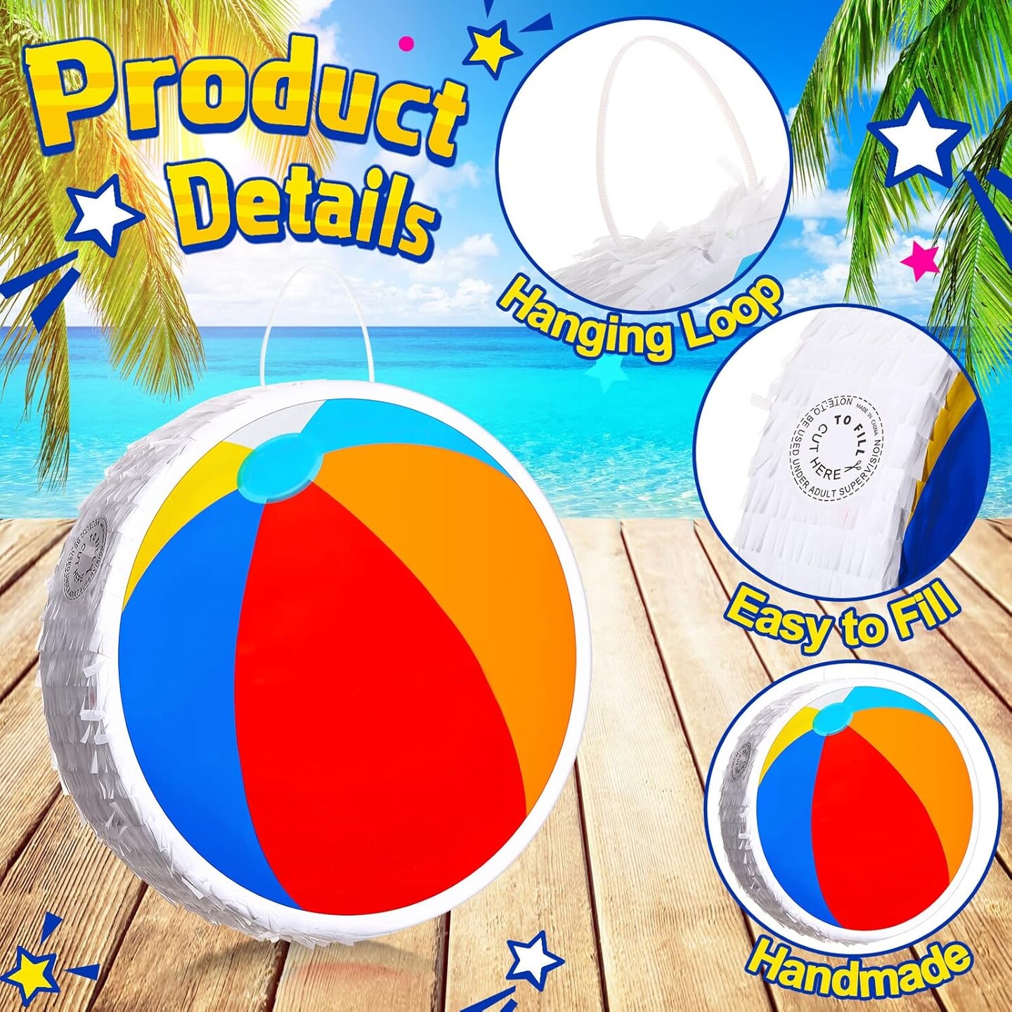 Small Beach Ball piñata with Stick and Blindfold Confetti Summer piñata Sun Flamingo Coconut Surfboard Birthday Decor